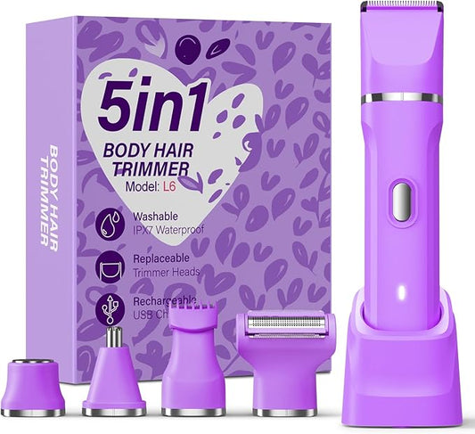 5-in-1 Bikini Trimmer for Women, IPX7 Waterproof Electric Razors Shaver, Cordless Body Hair Trimmer, Facial & Pubic Hair Removal, Ceramic Blade (Eggplant)