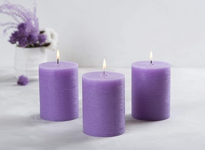 Set of 3 Pillar Candles 3" x 4" Unscented Handpoured Weddings, Home Decoration, Restaurants, Spa, Church Smokeless Cotton Wick - Lilac