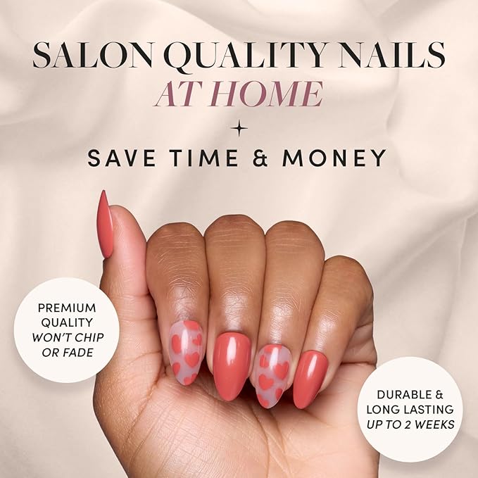 Glamnetic Press On Nails - Love Me | Glossy, Semi-Transparent, Short Almond Red Heart Nails, Salon Quality | 15 Sizes - 30 Nail Kit with Glue