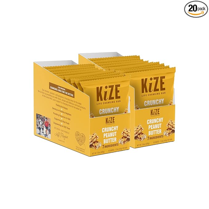 KiZE Energy Bars - Crunchy Peanut Butter - 20-Count - Gluten Free, Dairy Free, Non-GMO, and High Protein Meal Replacement Energy Bars, Clean and Simple Food Ingredients - 7g High Protein Snacks (20 Count)