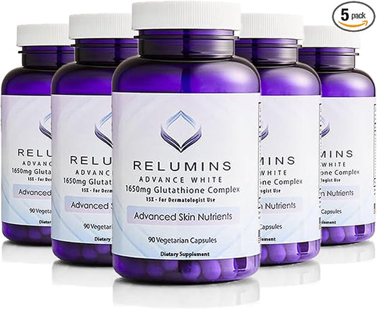 Relumins L-Glutathione Complex 1650mg - Antioxidant Support with Alpha Lipoic Acid, NAC, L-Methionine, Vitamin E, Skin Health Supplement, Made in USA - 90 Vegetarian Capsules x 5 Bottles