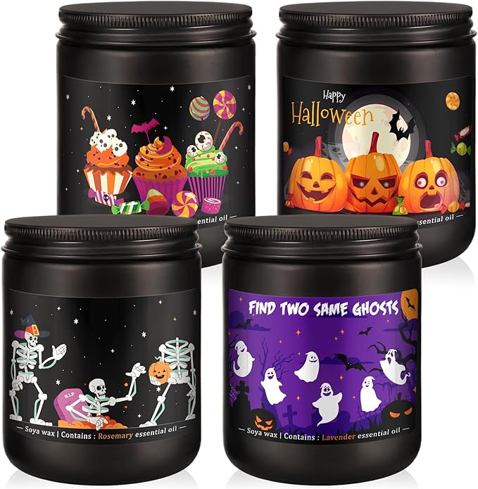 Halloween Scented Candles Set, 4 Pack (7oz Each) Soy Wax Candles with Pumpkin, Ghost, Skeleton Designs, Perfect for Halloween Decor, Gifts and Aromatherapy.
