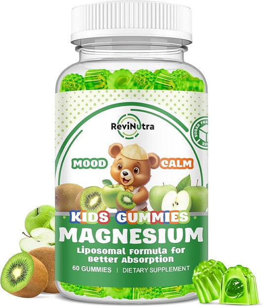 Liposomal Kids Magnesium Gummies- Magnesium Glycinate Gummies for Kids Supplement-w/Omega-3, Vitamin B6, D3- Support Calm Stress Relief, Bones, Mood, Green Apple & Kiwi Flavor, 60 Count