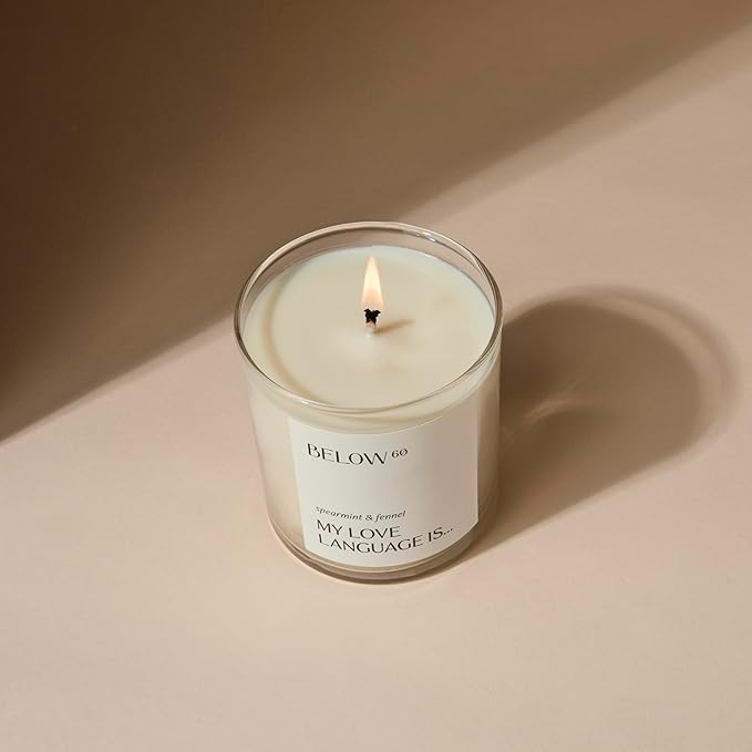 Below 60 Scented Candle – My Love Language is… – Essential Oil-Based Fragrance – Hand-Made with Paraffin-Free Soy Wax – 100% Cotton Wick – 50 hr Burn Time - by Hilary Duff – Spearmint & Fennel (10oz)