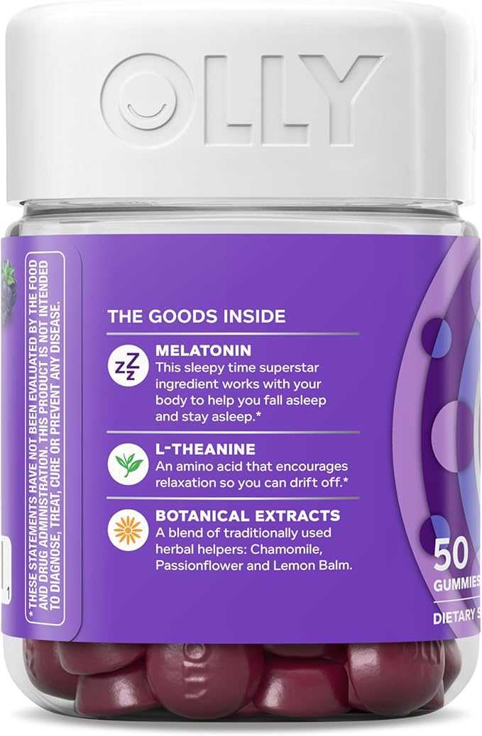 OLLY Restful Sleep Gummy Supplement with Melatonin & L-Theanine Chamomile, Blackberry Zen, 50 Gummies (25 Day Supply) Supports a Healthy Sleep Cycle* (Packaging May Vary)