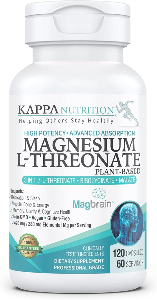 Kappa Nutrition Powered by Magbrain™ Magnesium L-Threonate Plant-Based, 420mg Elemental Magnesium (3 Capsules) from 2,253mg, 120 Vegan Capsules, Brain, Sleep & Muscle Support.