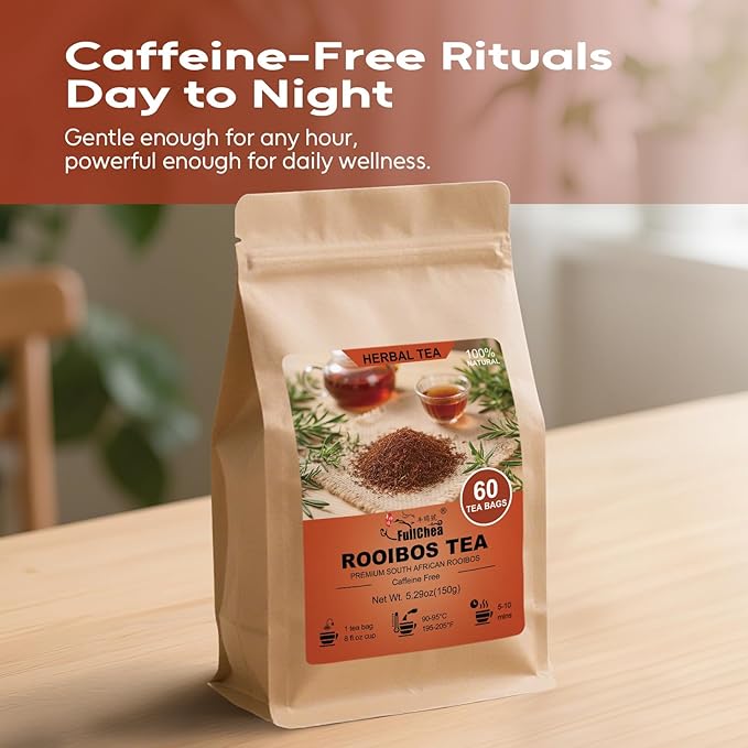 FullChea - Rooibos Tea Bags, 60 Counts - Premium South African Natural Rooibos - Non-GMO - Caffeine-Free - Antioxidant-Rich & Supports Digestion