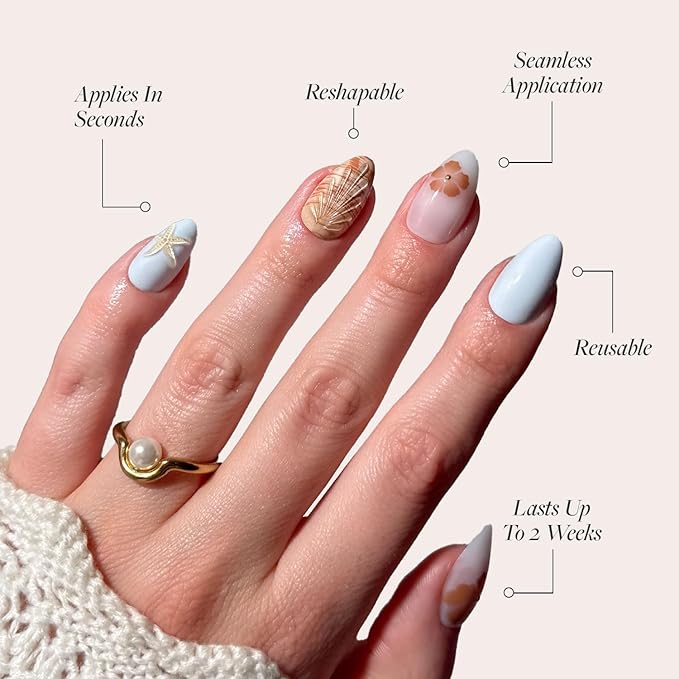 Glamnetic Press On Nails - Sea Star | Short Almond Seashell Nails with 3D Nail Art, Salon Quality Summer Nails | 15 Sizes - 30 Nail Kit with Glue