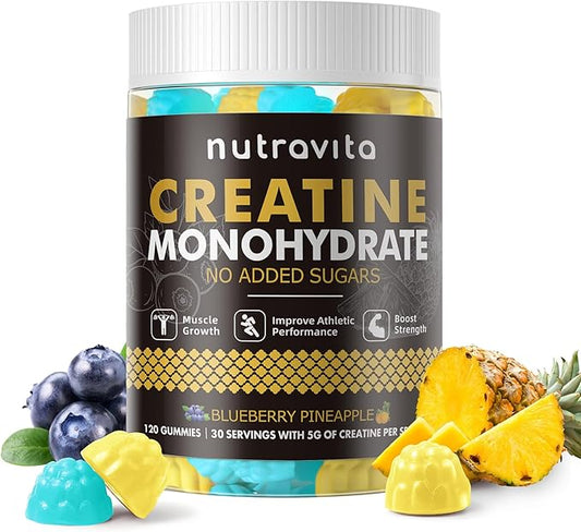 Nutravita Creatine Monohydrate Gummies for Men & Women-5g of Creatine Monohydrate per Serving - Sugar Free,Vegan,Blueberry Pineapple Flavor, 120 Count