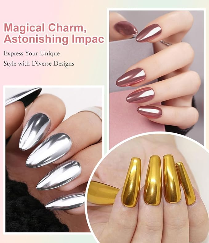 Chrome Nail Powder BISHENGYF: Super Metallic Effect Chrome Powder For Nails Gold Silver Red Laser White Pearl Nail Chrome Powder for Nails Art Decoration