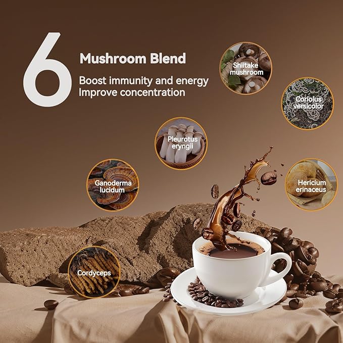 Organic Mushroom Coffee with Cordyceps, Shiitake, Chaga & 3 Other Mushrooms + Turmeric Powder – Gourmet Arabica Instant Coffee for Vitality & Wellness, 30 Servings (180g/6.35oz)