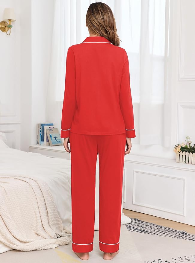 Veseacky 100% Cotton Pajamas for Women Set Long Sleeve Button Down Sleepwear Soft Pjs Lounge Sets with Pockets S-XXL