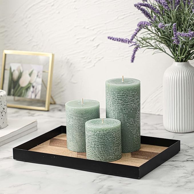 3x3 Inch Sage Green Pillar Candles - Set of 3, Long Clean Burning, Smokeless Dripless Candles for Spring Home Decor, Dinner Table, Bathroom, Rustic Decor