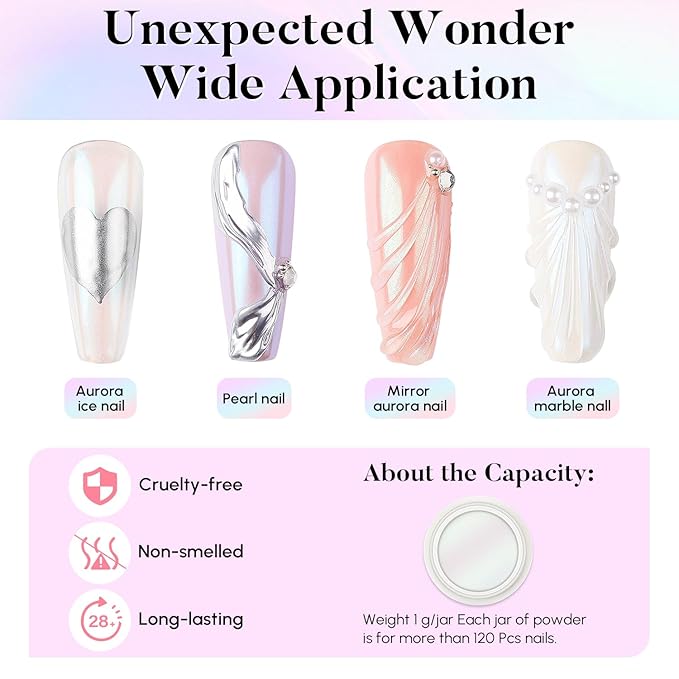 AIMEILI Pearl Chrome Nail Powder, Vegan, Cruelty Free, 8 Colors Aurora Metallic Holographic Mirror Effect Nail Art Pigment Iridescent Shell Glitter Nail Art