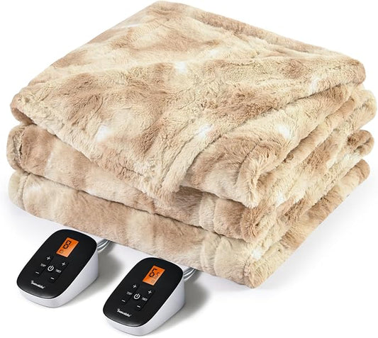 Sunable Heated Electric Blanket - Machine Washable Blanket with Time Settings 10 Heat Settings Queen Size 84×90 inches Beige -Faux Fur