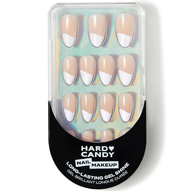 French Tip Press-On Nails – Hard Candy Glossy Gel-Shine, False Nail Kit includes Nail Glue, 30 Pieces, Reusable (White Tip, Wavy)