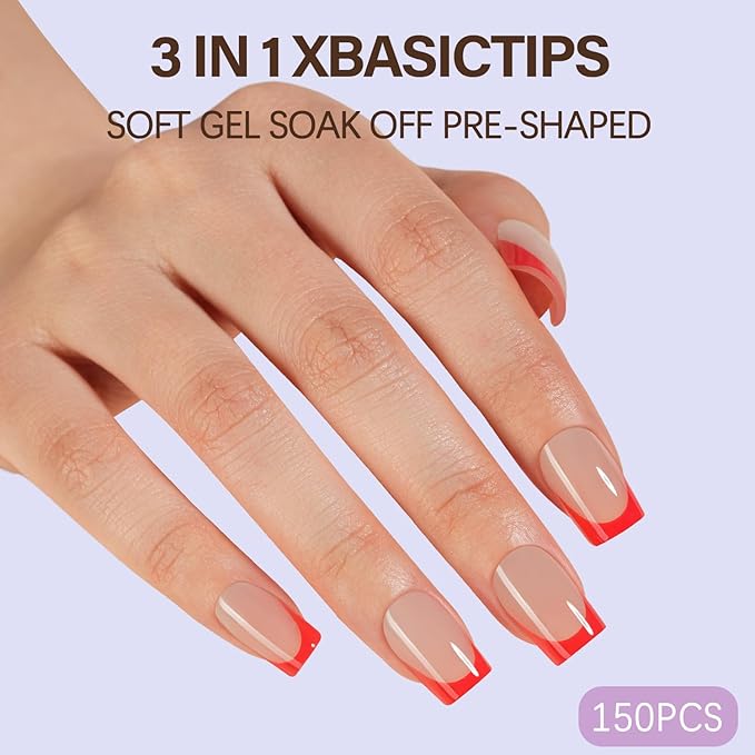 Misssix XBASICTIPS French Tip Press On Nails, 300Pcs Red French Gel Nail Tips Short Square, Soft Gel Pre-shaped No Need to File 3 in 1 Tips, Fake Nails for Nail Art DIY Extension Designs 15 Sizes