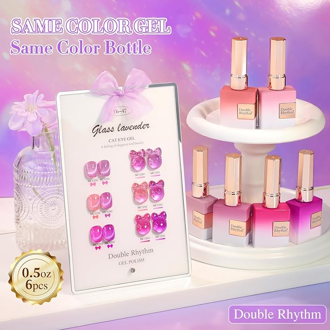 Double Rhythm Cat Eye Gel Nail Polish Set of 6 Same Color Same Bottle 0.5 Oz Shimmer Glitter with Magnet Holographic Reflective Magnetic UV Polish Kit at Home (Glass Purple Lavender -T6-47)