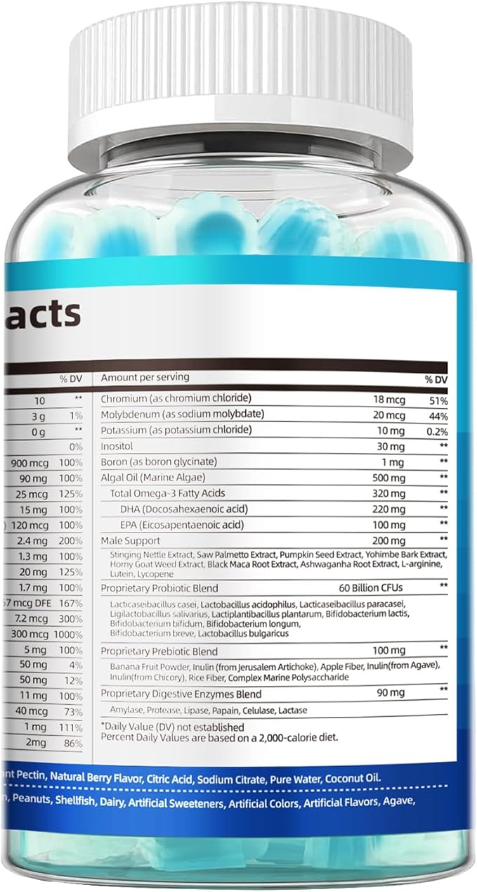 Multivitamin for Men, Mens Multivitamins Gummies w/Omega-3, Probiotics, Inositol, Folate, Biotin, Zinc, Vitamins A, C, D, E, B, Support Heart, Brain, Muscle, Energy, Sugar-Free, Berry Flavor