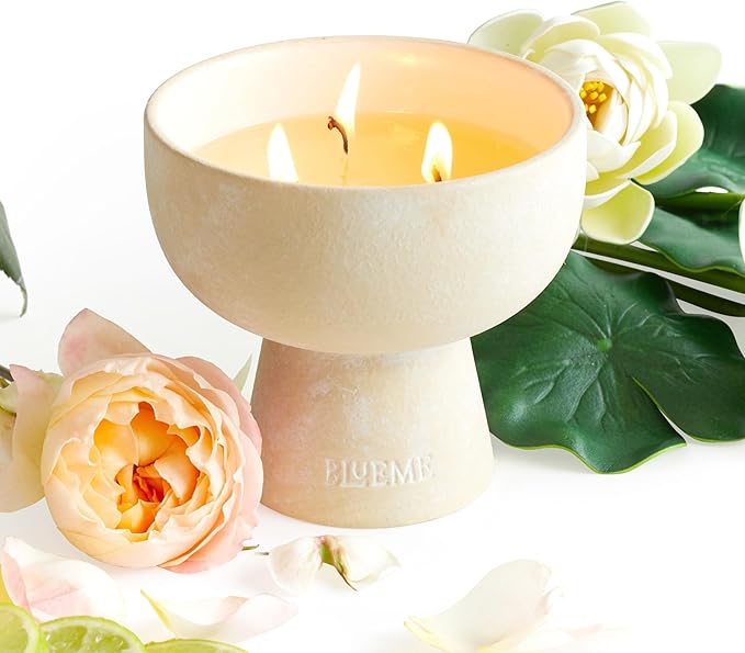 BLUEME White Lotus & Tea, Luxury Candle w/Essential Oils, 3 Wick, Hand-Poured Soy, Cotton Wick, Ceramic