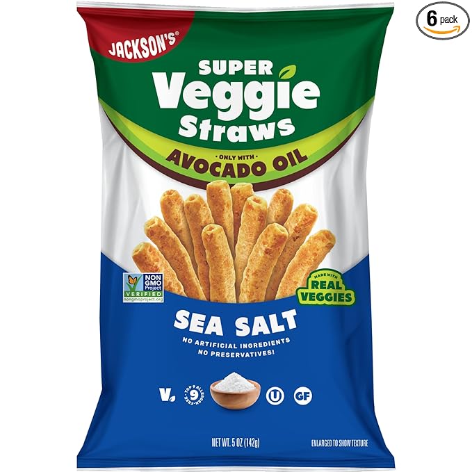 Jackson’s Super Veggie Straws™ (Sea Salt, 5 oz, Pack of 6) – Gluten Free, Vegan, Snacks for Kids & Adults – Made with Premium Avocado Oil – Allergen-friendly, Veggie Straws Individual Bags