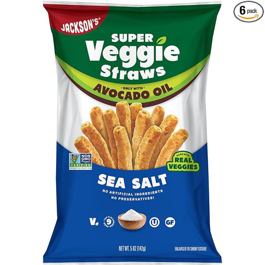 Jackson’s Super Veggie Straws™ (Sea Salt, 5 oz, Pack of 6) – Gluten Free, Vegan, Snacks for Kids & Adults – Made with Premium Avocado Oil – Allergen-friendly, Veggie Straws Individual Bags