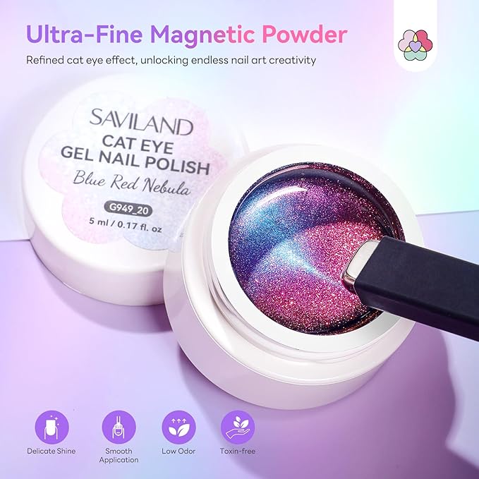 SAVILAND Cat Eye Gel Nail Polish Set: 2026 12 Colors 5ml Crystal Shiny Gloss Cateye Gel Polish Art Pen Aurora Borealis Pink Blue Magnetic Gel Polish Glitter Gel Nail Polish Gifts Home DIY