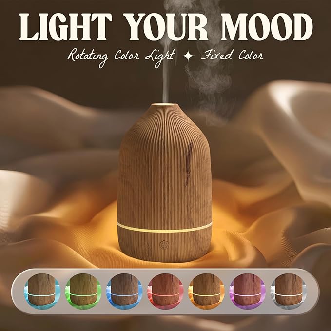 Essential Oil Diffuser, 100ml Aromatherapy Diffuser, Mini Ultrasonic Diffuser for Essential Oil, Home, Office, Cool Mist Humidifier with 7 Led Light, Auto Shut-Off, Wood Grain