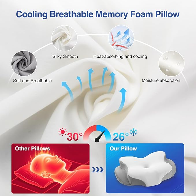 Cervical Pillow for Neck Pain Relief - Ergonomic Neck Pillow with Ice Silk Pillowcase, Cooling Memory Foam Pillows for Side Back Stomach Sleepers