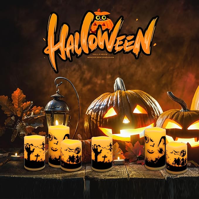 12-Pack Halloween LED Flameless Pillar Candles - Battery Operated with Remote & Timer, Flickering Warm Light, Witch/Bats/Castle Decals - Spooky Halloween Decor, Ghost Party Supplies, Gifts