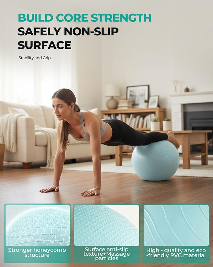 Gruper Yoga Ball, Extra Thick Exercise Ball for Workout Pregnancy Stability - 4 Sizes Anti Burst Balance Ball for Yoga, Pilates, Fitness, Birthing, Physical Therapy - Includes Pump