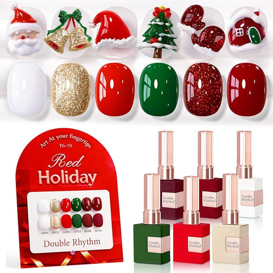Double Rhythm 6 Pcs 15 ML Gel Polish Set Same Color Same Bottle Soak Off Gel Polish Kit Nail Art Manicure Salon DIY at Home for Women (Glitter Burgundy Red Gold Green White-T6-70)