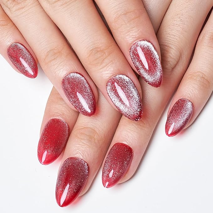 GLAMERMAID Red Magnet Cat Eyes Press on Nails Short Almond, Aurora Handmade Gel Fake Nail Kit, Ombre Rouge Glitter Magnetic Glue on Nail Stiletto, Scarlet Medium Oval Stick on False Nail Set for Women
