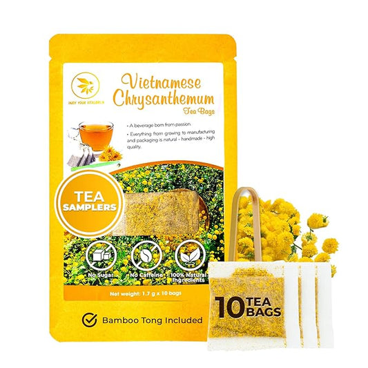 Vietnamese Chrysanthemum Tea Samplers - 10 Count + Bamboo Tong, No Sugar Added, No Caffeine, Re-Steep Chrysanthemum Floral Scent Herbal Tea for Detox, Refreshing, Relax