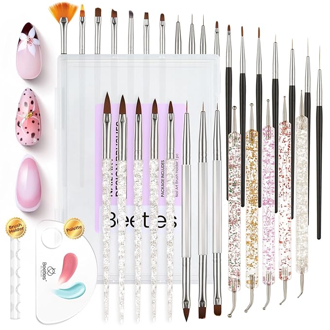 Beetles Nail Art Brushes 31pcs with Case - Confetti Nail Art Pens Daul Ended Dotting Tools Striping Liner Brushes for Nails 3D Flower Sculpting Tools Palette Holder DIY Home Salon Manicure Design Set
