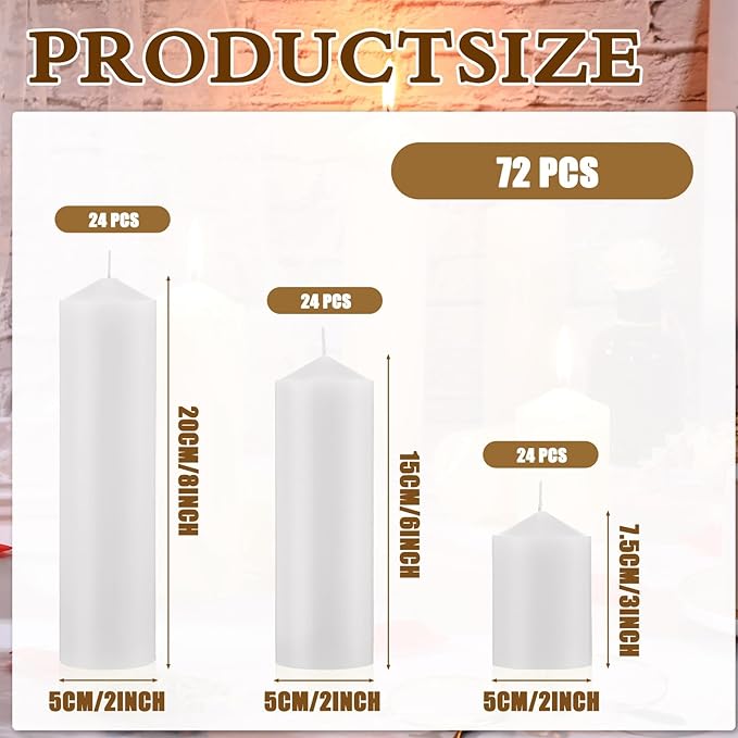 MTLEE Set of 72 White Pillar Candles 2 x 3, 2 x 6, 2 x 8 Inch Smokeless and Dripless Unscented Large Candles Long Clean Burning Rustic Pillar Candle for Wedding Dinner Home Decor