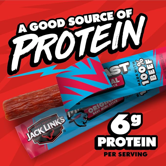 Jack Link’s x MrBeast Original Mini Beef Sticks – 6g Protein per Serving, Individually Wrapped Meat Snacks, Made with 100% Real Beef, Pantry-Ready, Kids Snacks, 0.5oz (12 Count)