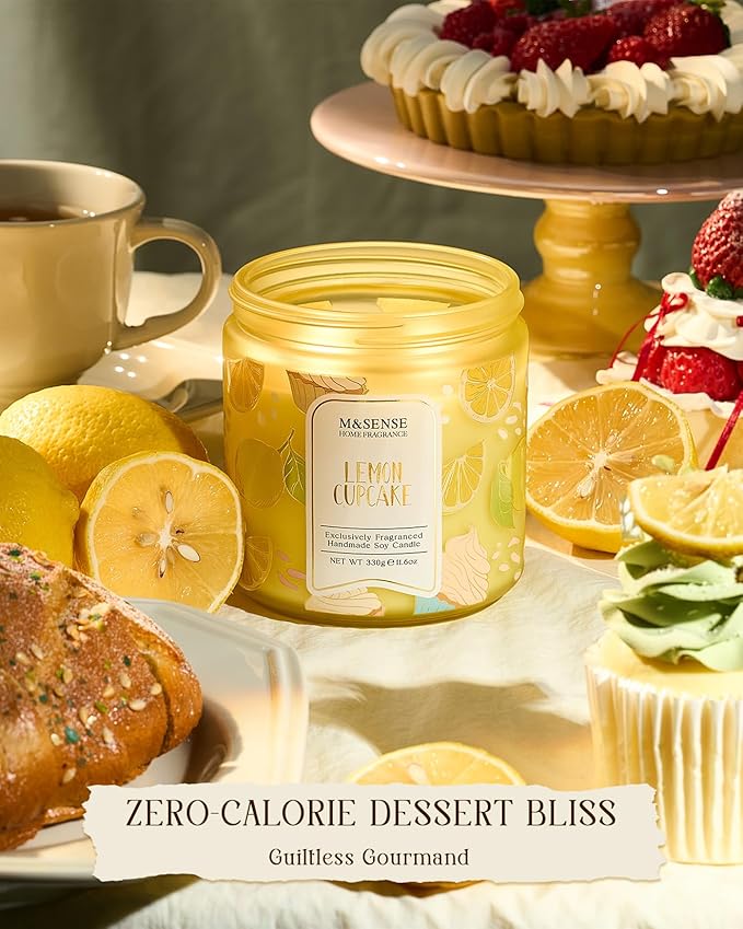 M&SENSE Lemon Cupcake Scented Candle, 11.6oz Natural Soy Wax, 70 Hours Long Lasting Clean Burn, Zesty Citrus Vanilla Aroma for Kitchen Freshness, Holiday Gifts Home Decor