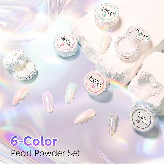 AIMEILI Pearl Chrome Nail Powder, Vegan, Cruelty Free, 6 Colors Aurora Metallic Holographic Mirror Effect Nail Art Pigment Iridescent Shell Glitter Nail Art