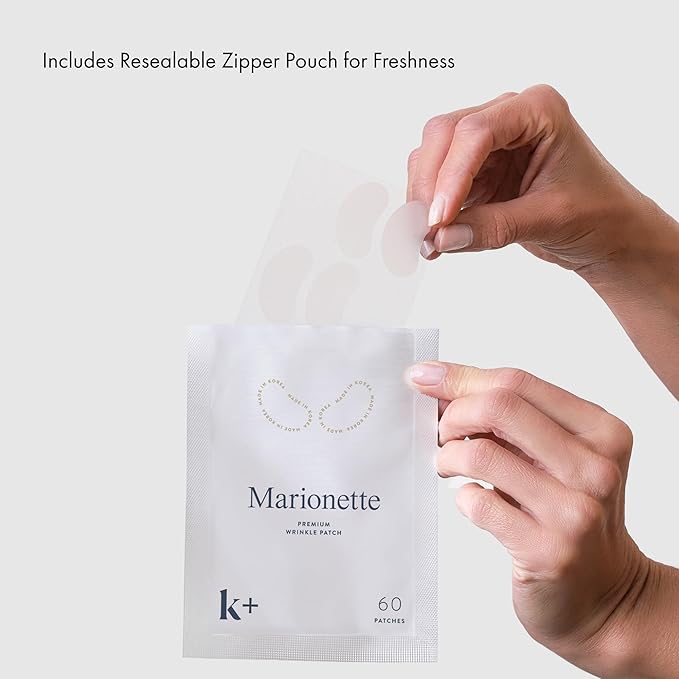 K+ Wrinkle Patches for Marionette, Smile Lines with Hyaluronic Acid, Adenosine and Peptides - Korean Overnight Mindful-Aging Facial Stickers (60 Count)