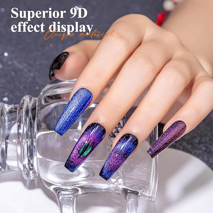 MIZHSE 9D Cat Eye Gel Nail Polish, Magnetic Cat Eye Gel Polish Set, 10ml*6 with 2 Magnets, Classic Colors Chameleon Magic Galaxy Effect Soak off Nail Art, Sparkle Stunning Gel Polish Gift for Women