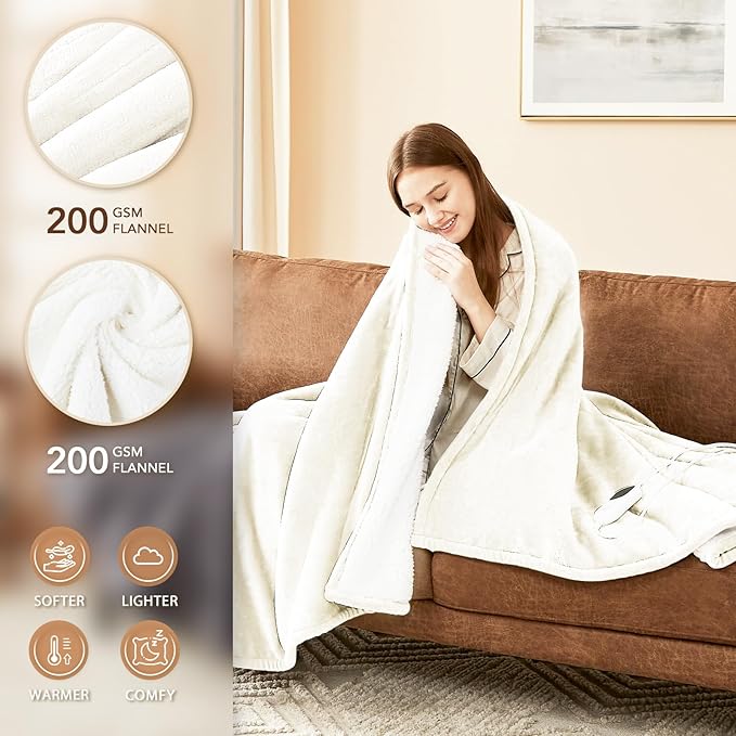 Homemate Electric Heated Blanket Queen Size - 84"x90" Heating Blanket Queen Size Dual Control 1/2/4/6/8 Hours Auto-Off 10 Heat Level Over-Heat Protection Flannel Sherpa ETL Certification