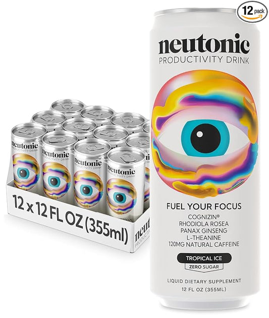Neutonic Nootropic Productivity Energy Drink | Tropical Ice 12 Cans | 120mg Natural Caffeine, Zero Sugar | Support Memory, Mental Clarity, Cognitive Function | Boost Focus, Energy, Brain Health