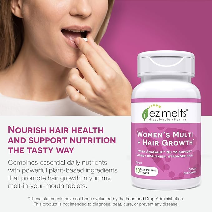 EZ Melts Dissolvable Multivitamin for Women + Hair Growth with Biotin, Bamboo Extract & Clinically Studied AnaGain Nu, Supports Visibly Healthier, Stronger Hair, Sugar- Peach Flavor - 2 Pack