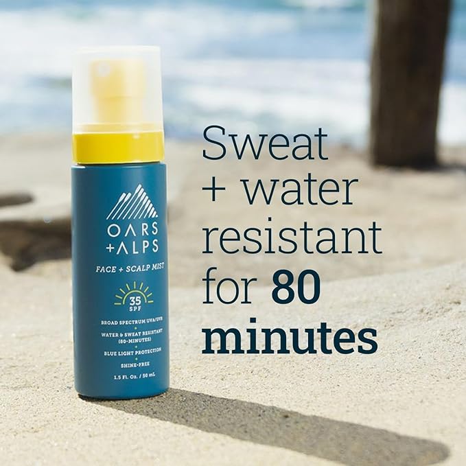 Oars + Alps Face & Scalp Sunscreen Spray Mist, SPF 35 Facial & Hair Sunscreen, Protects from Blue Light, Infused with Aloe Vera + Cucumber, Water & Sweat Resistant, Summer Splash Scent, 2pk