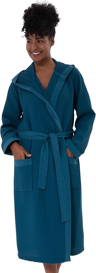 SEYANTE Women’s Luxury Waffle Shawl Collar, Hooded Robe w Piping – Lightweight, Long, Ultra Soft Spa Sleepwear Bathrobe