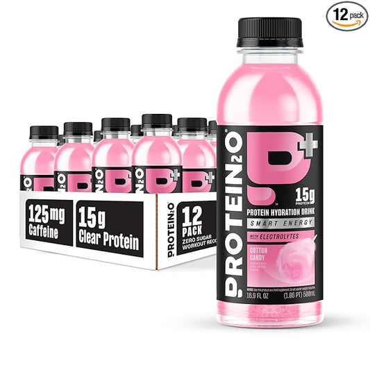 Protein2o 15g Whey Protein Isolate Hydration Drink Plus Energy & Focus, 350mg of Electrolytes, Vitamins B5 & B6, Sugar Free, Cotton Candy, 16.9 oz Bottle (Pack of 12)