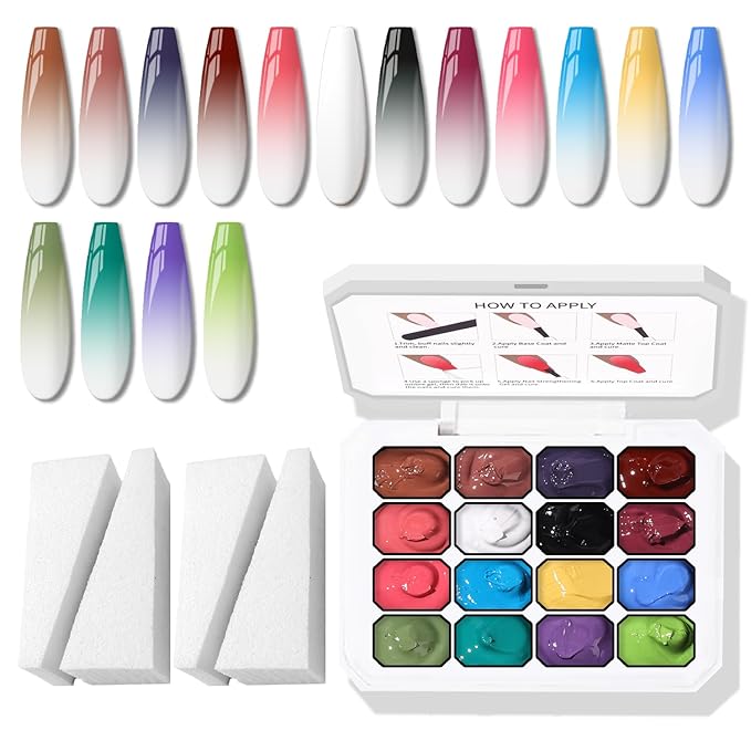 Sponge Pat Paint Nail Gel, Ombre Nails Gradient Gel Nail Blush Blooming Aura Nails Drawing Stripper Floral Painting DIY Nail Art, No Wipe, UV/LED Curing (16 Colors B)