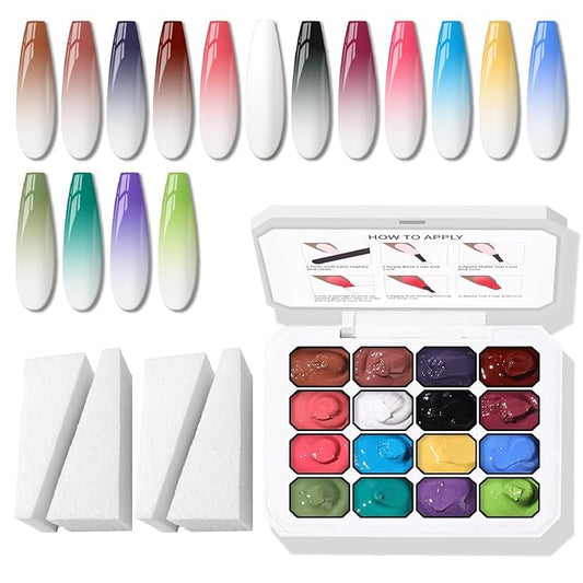 Sponge Pat Paint Nail Gel, Ombre Nails Gradient Gel Nail Blush Blooming Aura Nails Drawing Stripper Floral Painting DIY Nail Art, No Wipe, UV/LED Curing (16 Colors B)