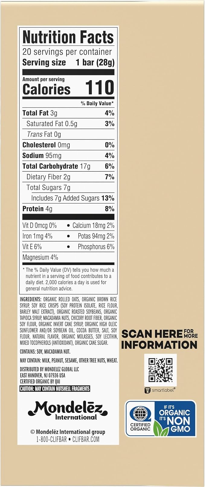 CLIF BAR Minis - White Chocolate Macadamia Nut Flavor - Made with Organic Oats - 4g Protein - Non-GMO - Plant Based - Snack-Size Energy Bars - 0.99 oz. (20 Pack)